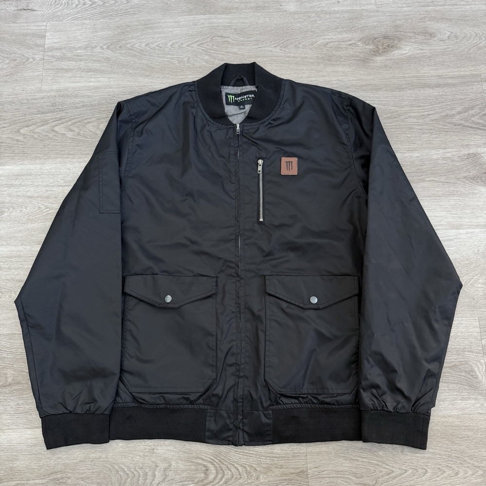 Monster Energy Official Flight Bomber Jacket Mens XL Black Leather Logo Patch